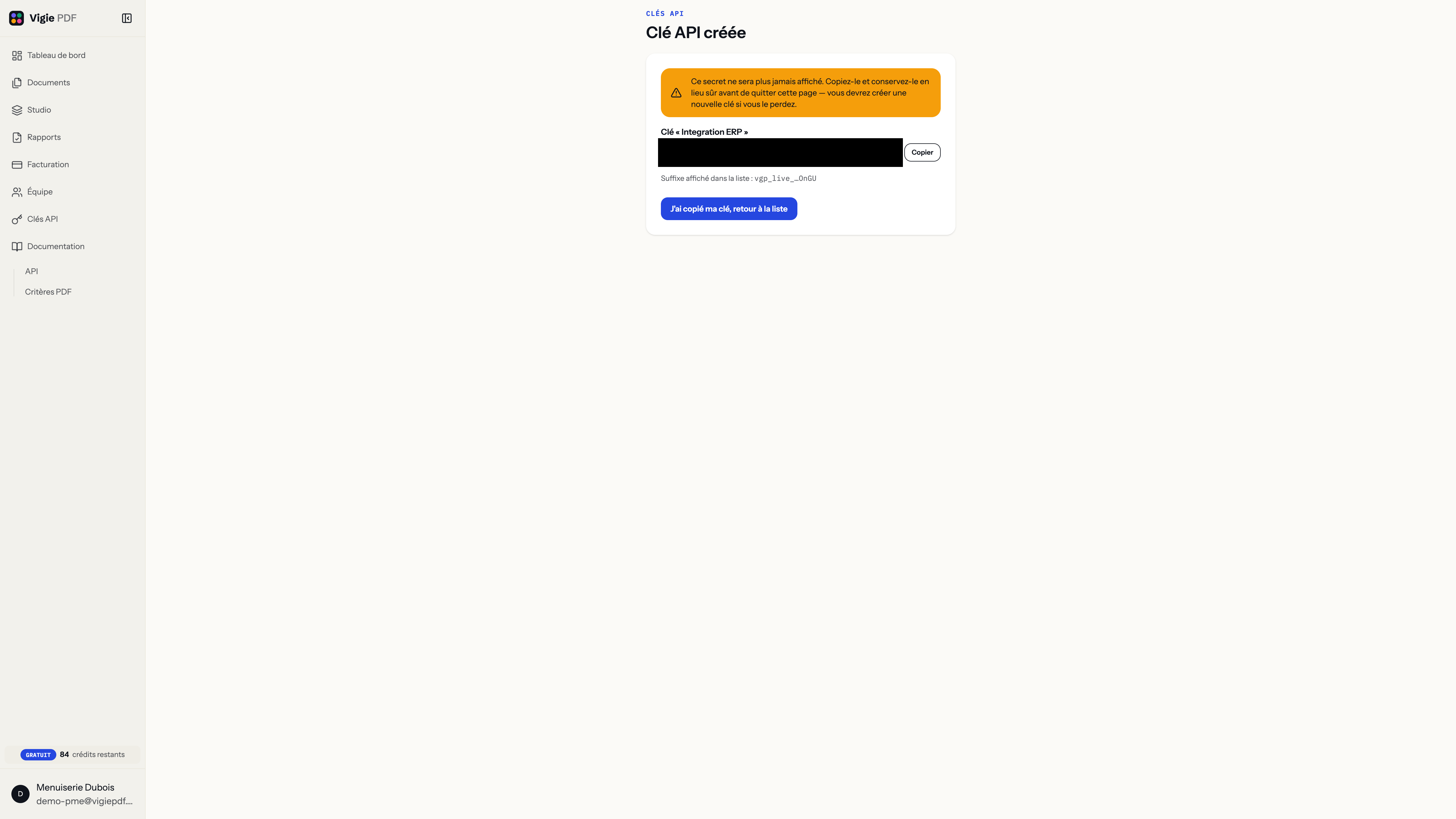 Écran de révélation d’une nouvelle clé API dans Vigie PDF : le secret n’est affiché qu’une seule fois, immédiatement après création, avant de disparaître définitivement de l’interface