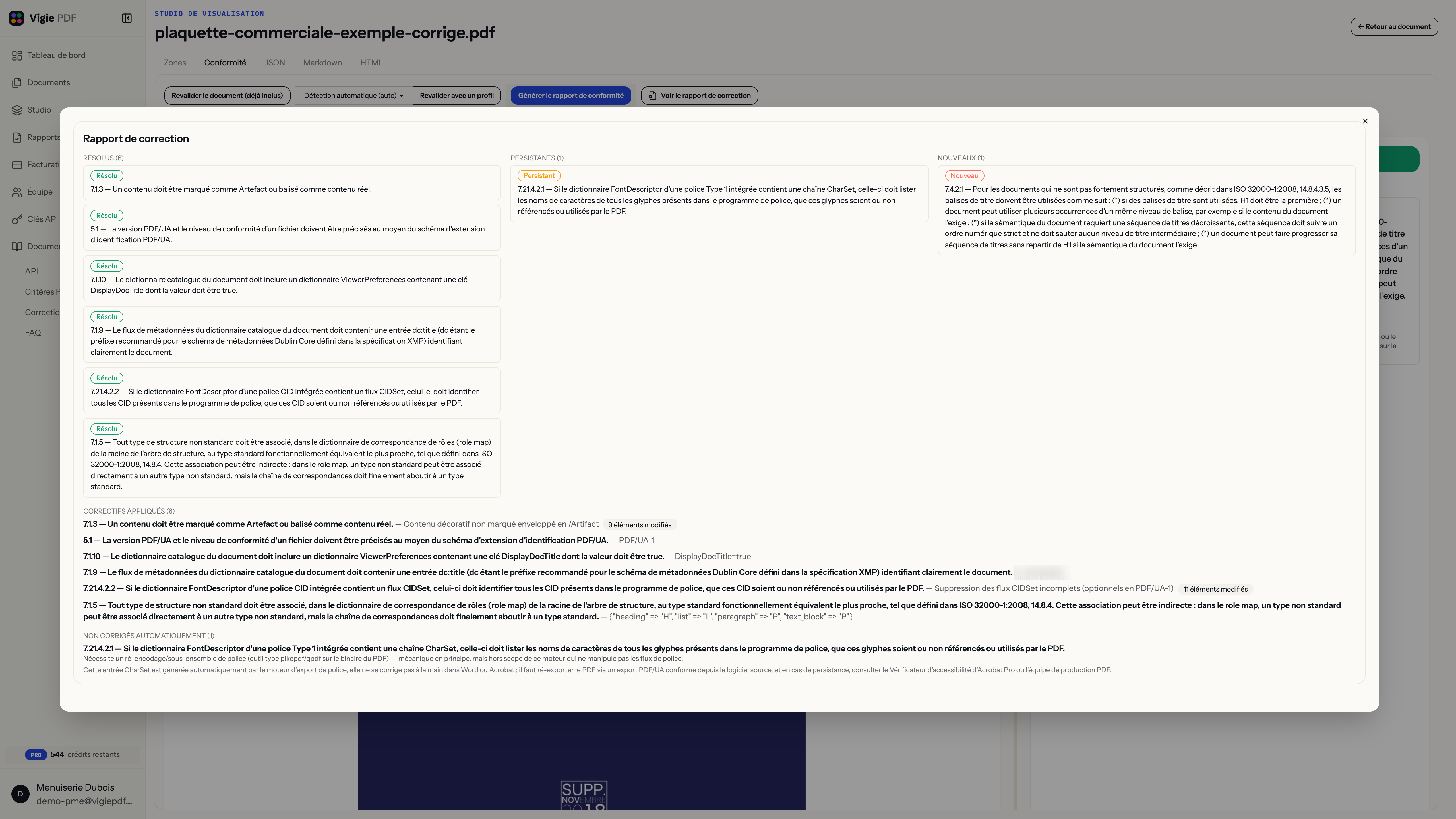 Rapport de correction du document dérivé « -corrigé » sur cette même plaquette : six critères résolus, un persistant, un nouveau révélé par le re-balisage — la revalidation complète est incluse dans les 5 crédits