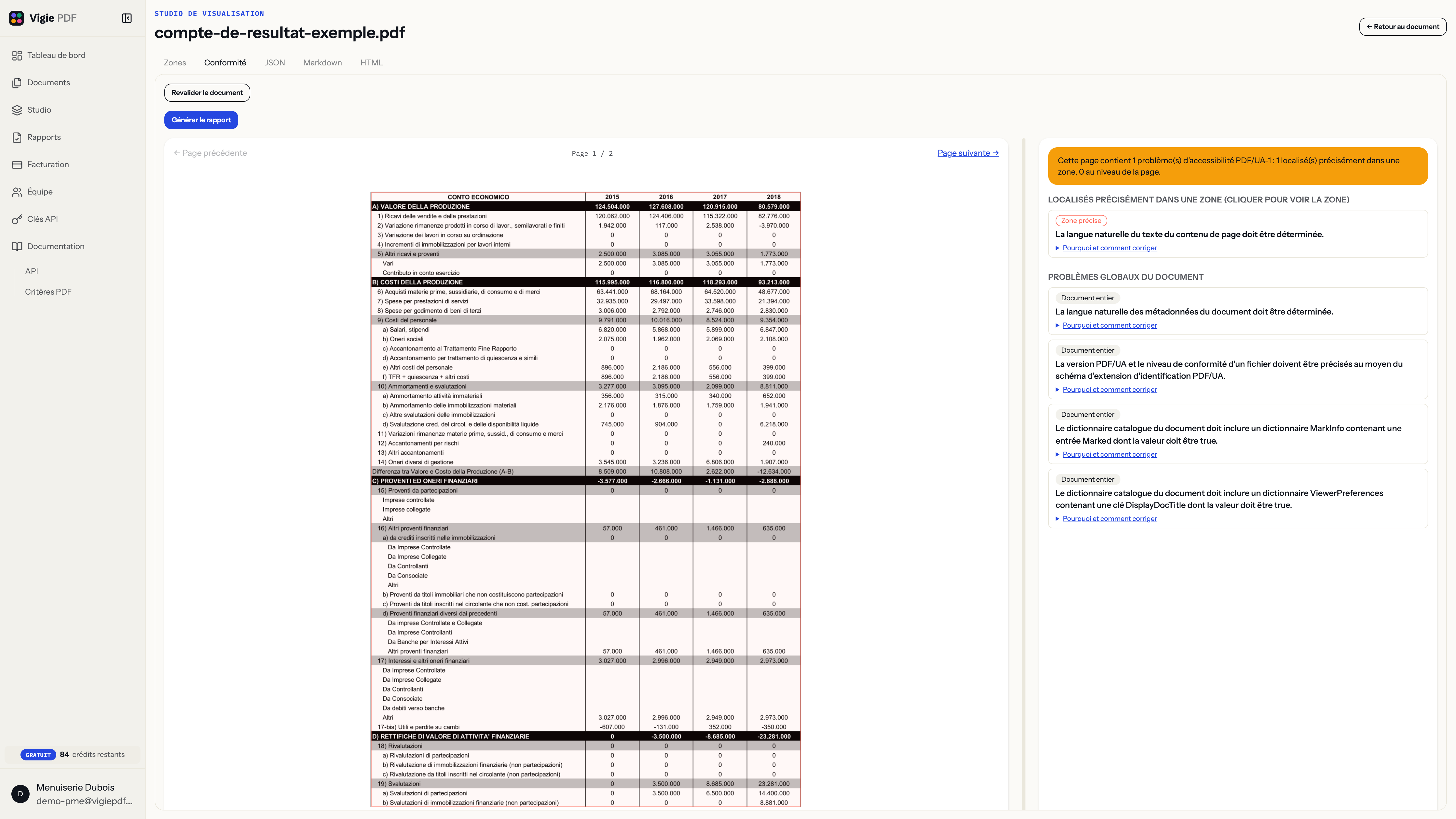 Onglet Conformité du Studio sur un compte de résultat réel : 1 critère localisé précisément dans une zone (langue non déterminée) et 4 problèmes globaux du document listés en dessous